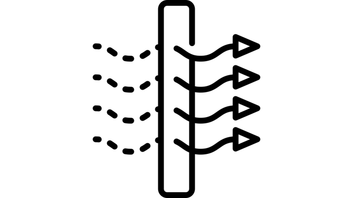 Abtrennungen der Filtrationsanlagen Zu sehen sind drei gezeichnete Pfeile, die erst gestrichelt sind und dann durchgehen sind, nachdem sie eine Linie durchquert haben.