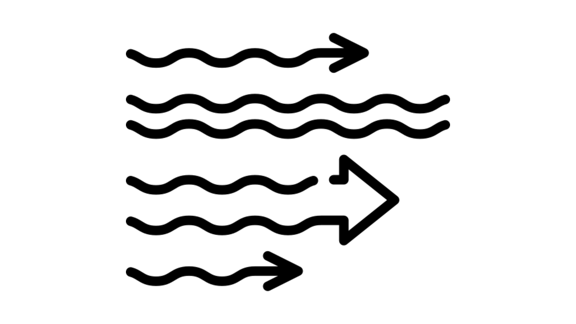 Überströmgeschwindigkeit in der Cross Flow Filtration Es sind verschiedene Welle zu sehen. Die oberste ist eine Welle mit einem Pfeil, danach folgen zwei eng aneinanderlegende Wellen. Dann kommt ein Pfeil mit zwei Wellen und dann wieder eine Welle mit einem Pfeil.